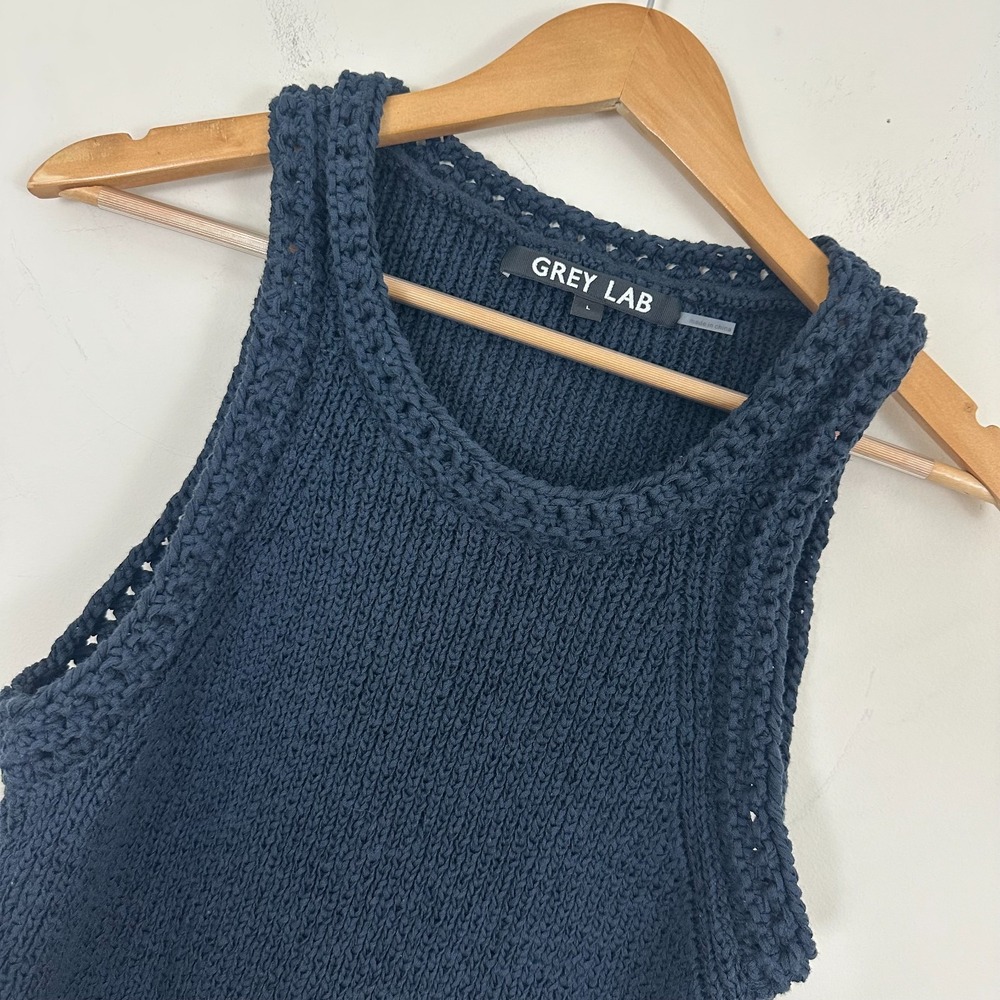 Grey Lab Tank Top Dark Blue Cotton Braided Open Chunky Knit Minimalist Womens L